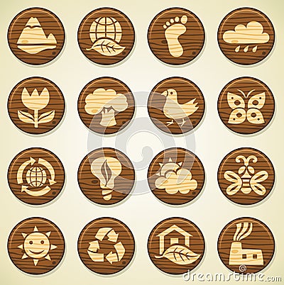 Wooden environment icons set Vector Illustration