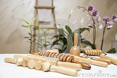 Wooden equipment for anti-cellulite maderotherapy massage Stock Photo