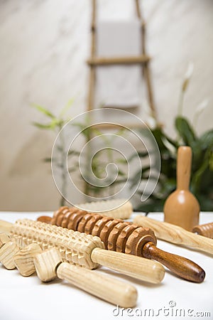 Wooden equipment for anti-cellulite maderotherapy massage Stock Photo