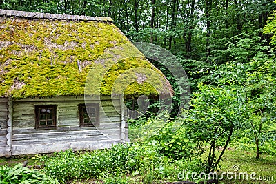 Wooden ethnic house with thatched roof. Halych Ethnography museum, Ukraine Stock Photo