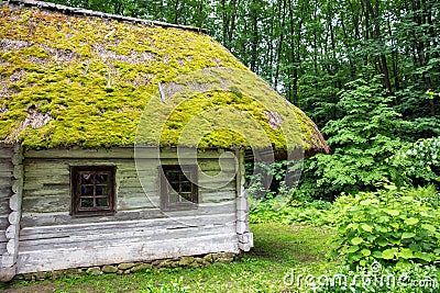 Wooden ethnic house with thatched roof. Halych Ethnography museum, Ukraine Stock Photo