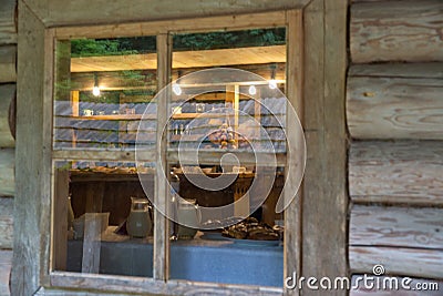 Wooden ethnic house window closeup Stock Photo