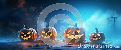 table halloween fear blue night background mystery silhouette pumpkin evil horror. Generative AI. Stock Photo