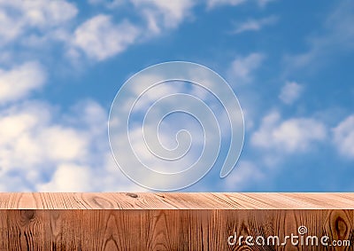 Wooden exhibition podium. 3D Background. Blue sky and clouds. 3D rendering Stock Photo