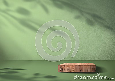 Wooden exhibition podium. Green Backdrop. 3D Background. Branch shadow with Leaves. 3D rendering. Tropical Leave Stock Photo