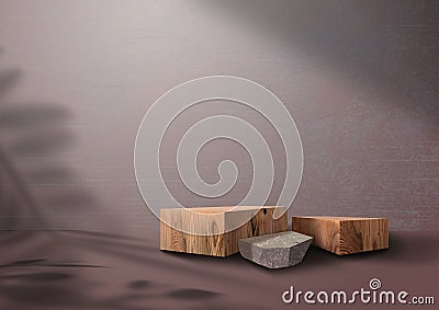 Wooden exhibition podium. Brown Backdrop. 3D Background. Branch shadow with Leaves. 3D rendering. Tropical Leave. Group Stock Photo