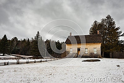 Wooden Farmhouse in Winter - John Brown Farm State Historic Site Stock Photo