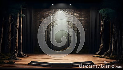 A wooden feeling stage with some forest tree decoration and tree background view. Stock Photo