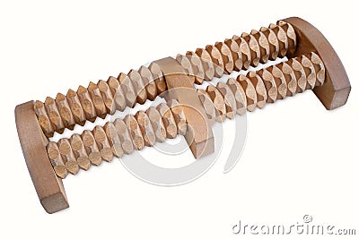 wooden feet massage roller for feet relaxation, Stock Photo