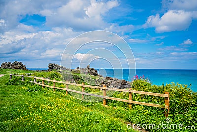 Wooden fence along coastal pathway in St Ives Stock Photo