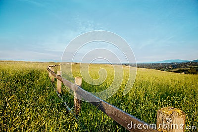 Wooden fence in a grass field against a blue sky. Stock Photo