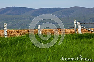 Wooden Fence Grass Hills Stock Photo