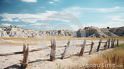 Red Dirt Road And Fence: A Photorealistic Journey Through Badlands Stock Photo