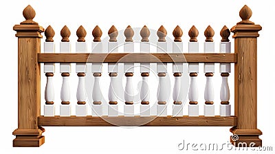 A wooden fence, palisade, stockade or balustrade with pickets. A brown and white banister or fence section with paling Stock Photo