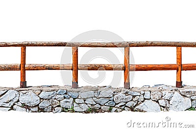 Wooden fence on a stone wall isolated on white Stock Photo