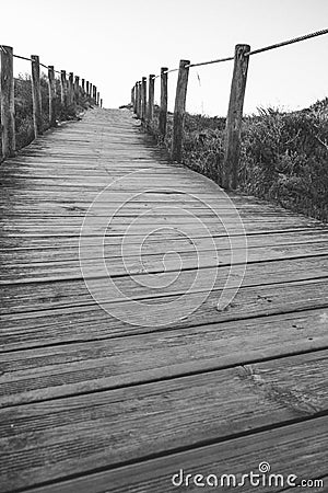 Wooden fence and walkway to beach black and white. Empty path monochrome. Walking concept. Stock Photo