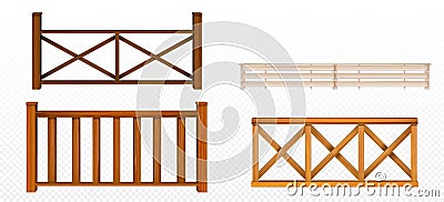 Wooden fences, handrail, balustrade sections set Vector Illustration