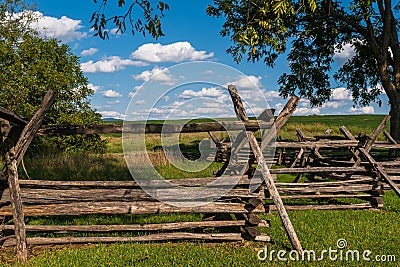 Wooden fences lining part of the Antietam National Battlefield in Sharpsburg, Maryland, USA Editorial Stock Photo