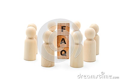 Wooden figures as business team in circle around acronym FAQ Frequently Asked Questions Stock Photo