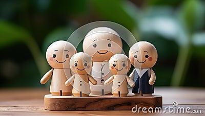 Wooden figures of family with smiley faces on wooden background Stock Photo