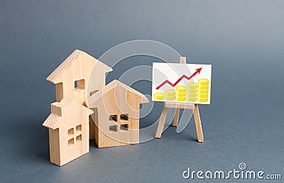 Wooden figures of houses and a poster with golden coins. The concept of real estate value growth. Increase liquidity Stock Photo