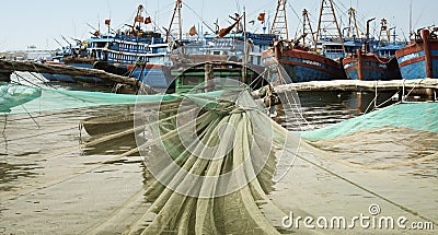 Wooden Fishing Boats Congested At The Fishing Village in Da Nang Stock Photo