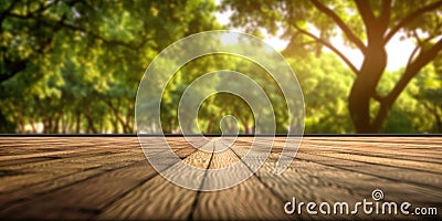 wooden floor and blurred tree forest on behing background. Generative AI weber. Stock Photo