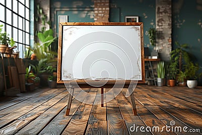 Wooden floor whiteboard for markers, creatively designed workspace concept Stock Photo