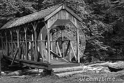 A wooden foot bridge spanning willard brook Stock Photo