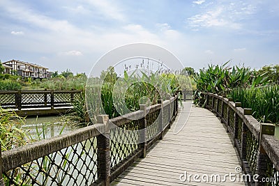 Wooden footbridge for sightseer in countryside on sunny summer d Stock Photo