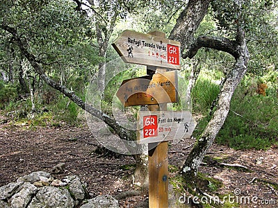 Footpath signs on a hiking trail in Mallorca Stock Photo