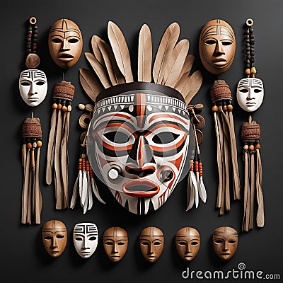 Asian style wooden mask, in a frame with other traditional masks and heads Stock Photo
