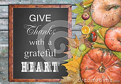 Wooden frame and fruits and give thanks with a grateful heart Stock Photo