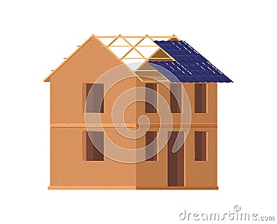 Wooden frame house under construction, incomplete building with exposed beams. Home construction site. Architecture and Vector Illustration