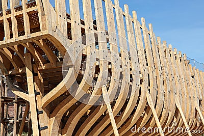 The frame of an ancient wooden ship. Stock Photo