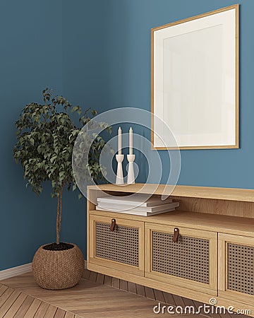 Wooden frame mockup, close up of cozy wooden living room in blue tones, lounge furniture, rattan commode with potted small tree, Stock Photo