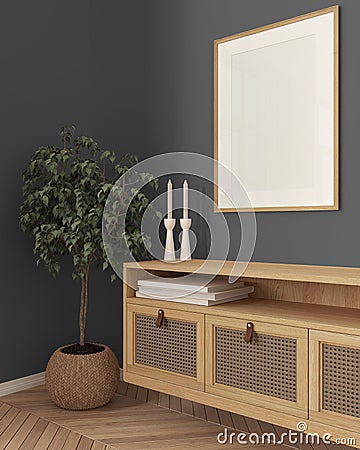 Wooden frame mockup, close up of cozy wooden living room in gray tones, lounge furniture, rattan commode with potted small tree, Stock Photo