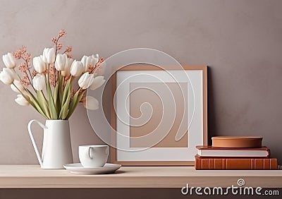 Wooden frame mockup on vintage bench, table. Modern white ceramic vase with flower, White wall background. AI Generated Stock Photo