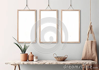 Wooden frame mockup on vintage bench, table. Modern white ceramic vase with flower, White wall background. AI Generated Stock Photo