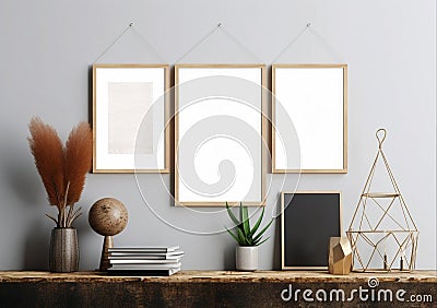 Wooden frame mockup on vintage bench, table. Modern white ceramic vase with flower, White wall background. AI Generated Stock Photo