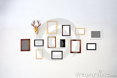 Wooden frame photo decorate on white wall Stock Photo