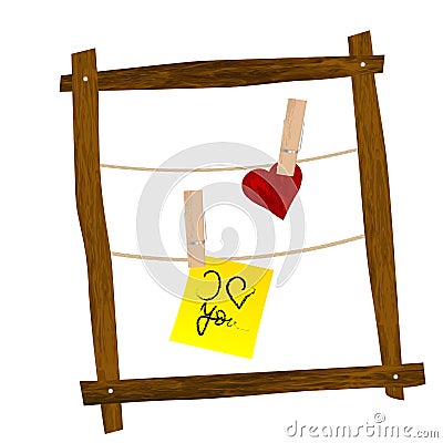 Wooden frame with the post it says i love you and heart hanging on clothes hooks Vector Illustration