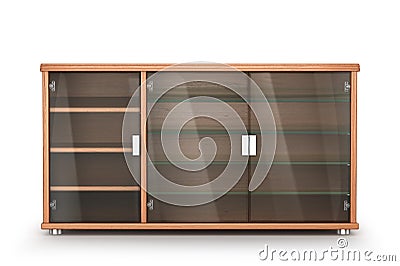 Wooden furniture. Cabinet bedside table with glass shelves isolated on a white background. Cartoon Illustration