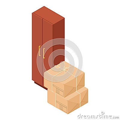 Wooden furniture icon isometric vector. New modern wooden locker and two parcel Stock Photo