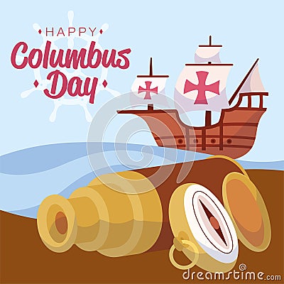 Wooden galleon and a compass on land Columbus day concept poster Vector Vector Illustration