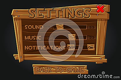 Wooden game graphic user interface, settings window. Vector Illustration