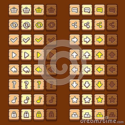 Wooden game icons buttons icons, interface, ui Vector Illustration