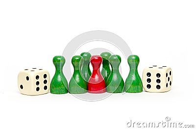 Wooden game pieces with dice isolated Stock Photo