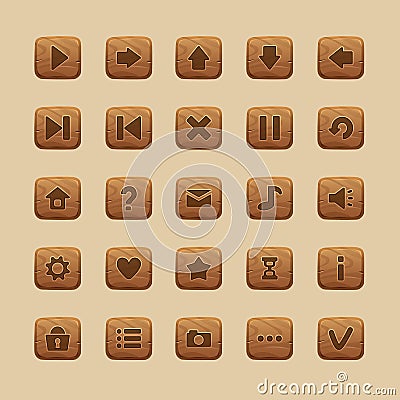 Wooden game UI buttons. Cartoon home screen interface and menu icons, comic GUI start play pause restart buttons asset Vector Illustration