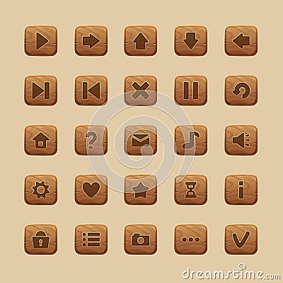 Wooden game UI buttons. Cartoon home screen interface and menu icons, comic GUI start play pause restart buttons asset Vector Illustration